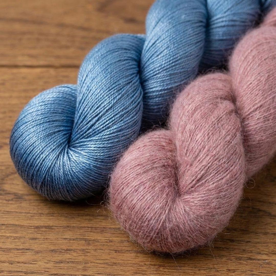 two skeins of luxury yarn, one a shiny blue silk blend and the other a soft, brushed alpaca blend in dusty rose