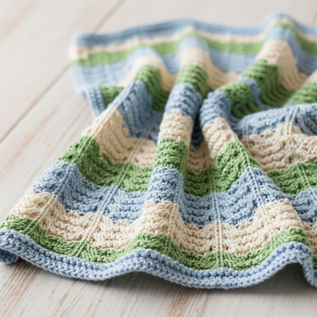 A baby blanket knitted from soft, pastel-colored DK weight yarn.